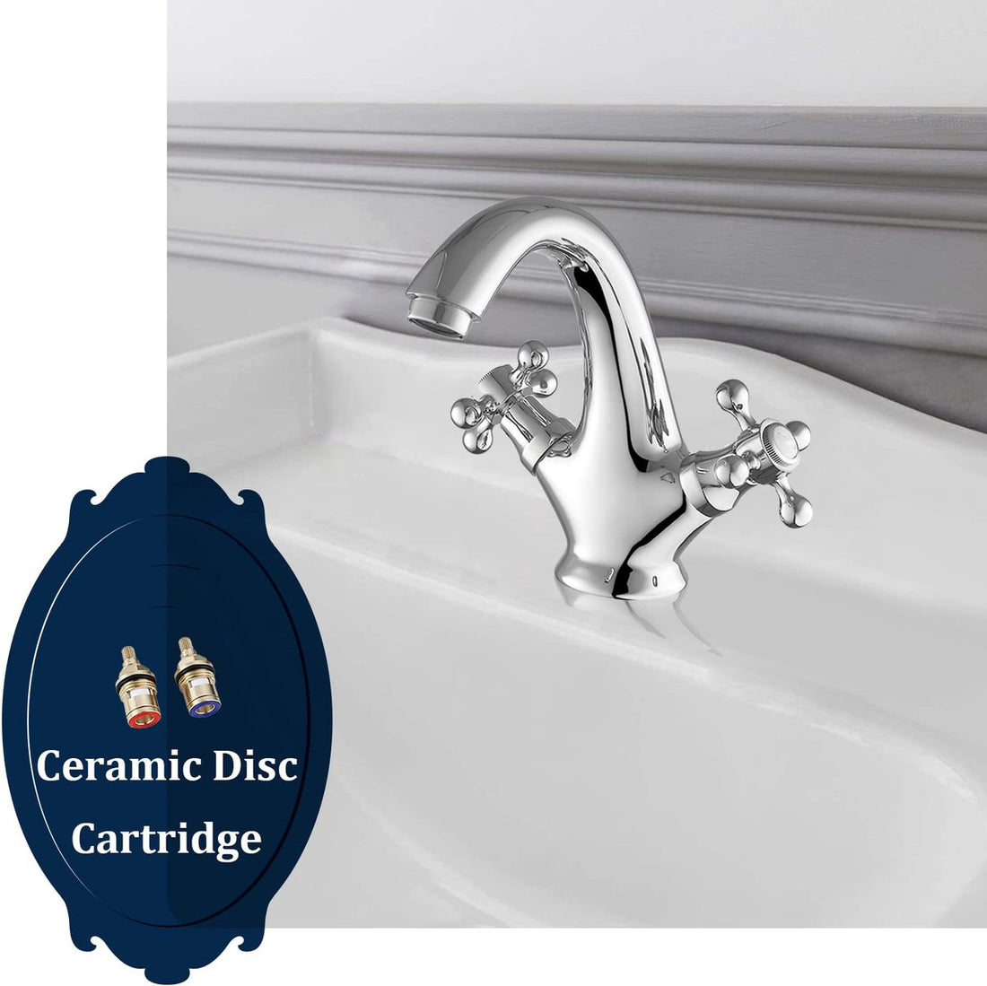Vintage Brass Basin Faucet Double Cross Handles Silver