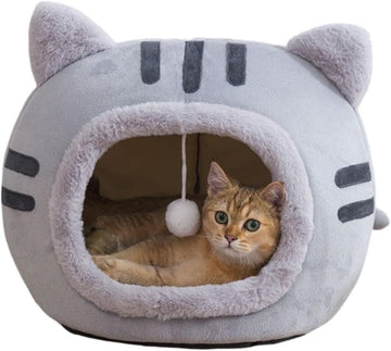 2-in-1 Cat Bed Tent Sherpa Fleece Hanging Ball Indoor M Gray