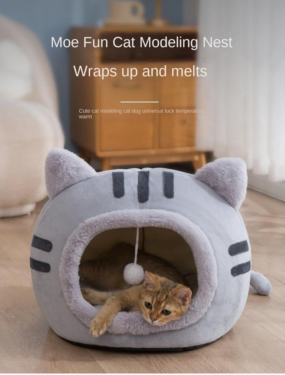 2-in-1 Fluffy Cat Cave Bed Sherpa Fleece Large Grey