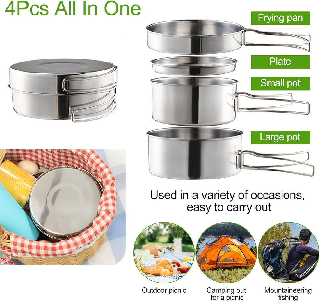 Portable Stainless Steel Camping Cookware Set 4-Piece for 2-3 People