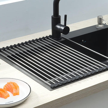 Roll-up Dish Drying Rack Silicone Coated Stainless Steel Over Sink 43x35cm