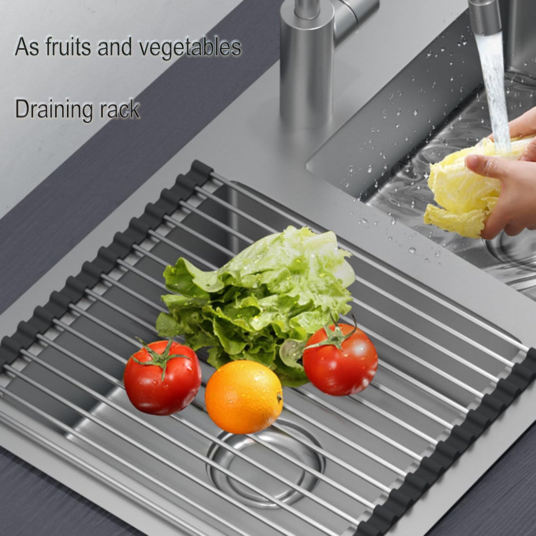Roll-up Dish Drying Rack Silicone Coated Stainless Steel Over Sink 43x35cm