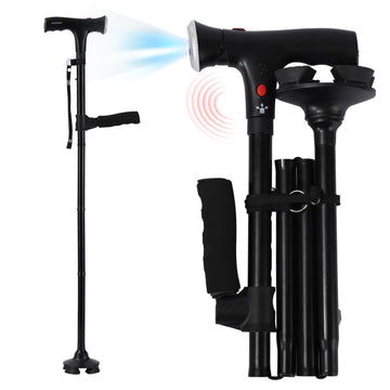 Folding Walking Cane with LED Light and Alarm Quad Base Adjustable Black