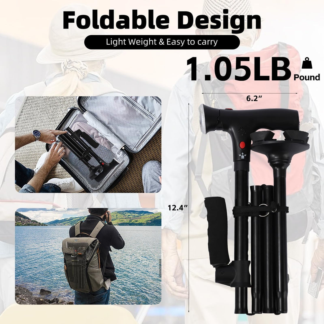 Folding Walking Cane with LED Light and Alarm Quad Base Adjustable Black