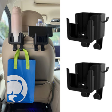 Car Headrest Cup Holder with Hooks and Phone Holder Black 2 Pack