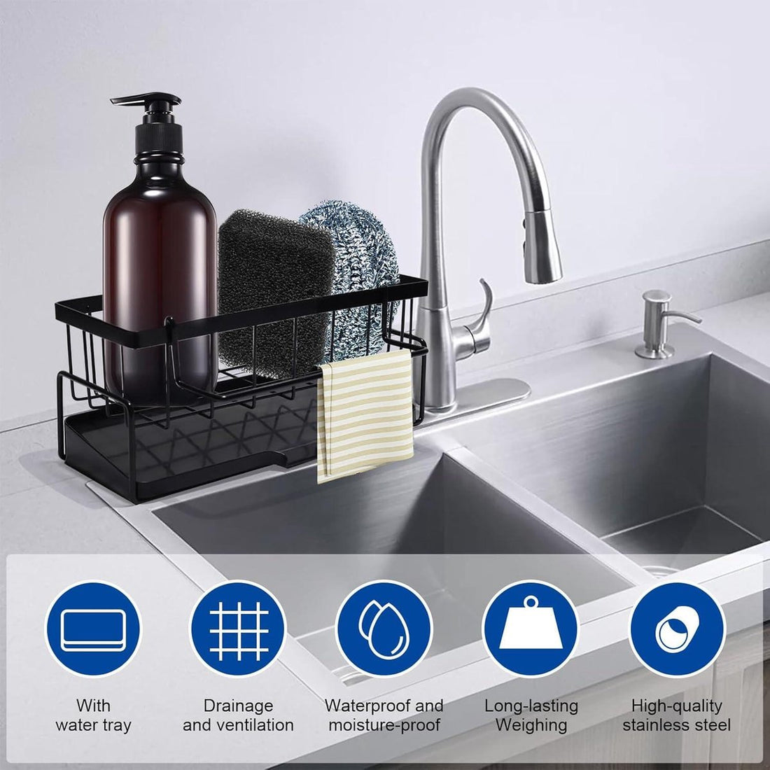 Allecta Sink Organizer Sponge Holder Stainless Steel Drain Tray Towel Rail Grey