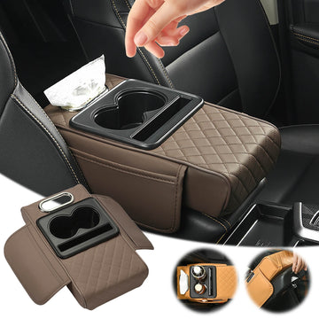 Car Centre Console Armrest Cushion with Cup Holder and Tissue Brown