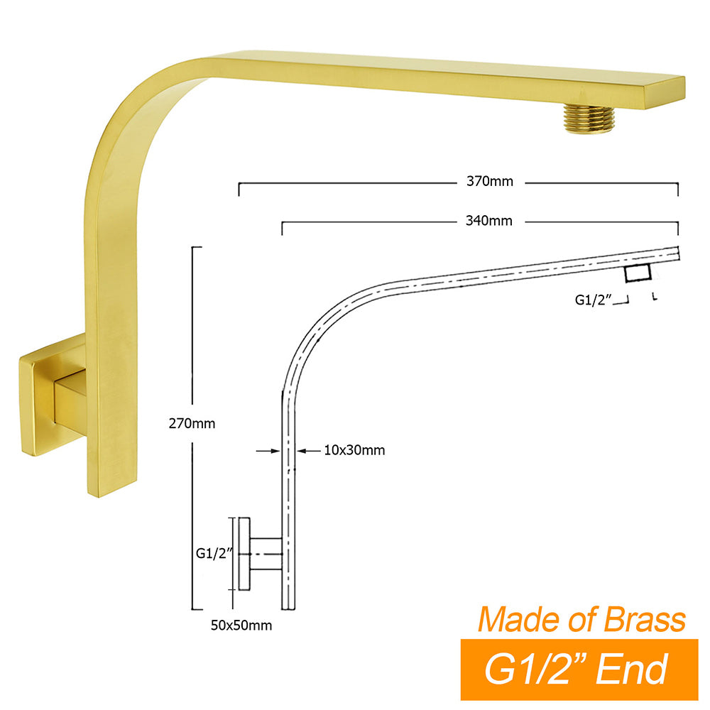 KYLINS Brushed Gold Square Rain Shower Head 200mm Wall Mounted Gooseneck Arm