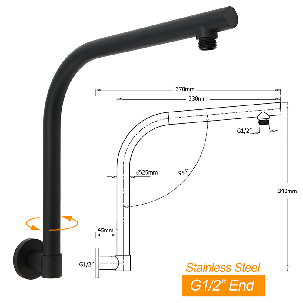 KYLINS 10in Stainless Steel Rain Shower Head Matt Black with Arm