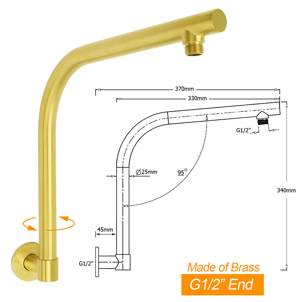KYLINS Brushed Gold Rain Shower Head 300mm Round Gooseneck Wall Arm