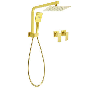 KYLINS Brushed Gold Twin Rain Shower Head with Handheld Diverter Wall Arm Taps
