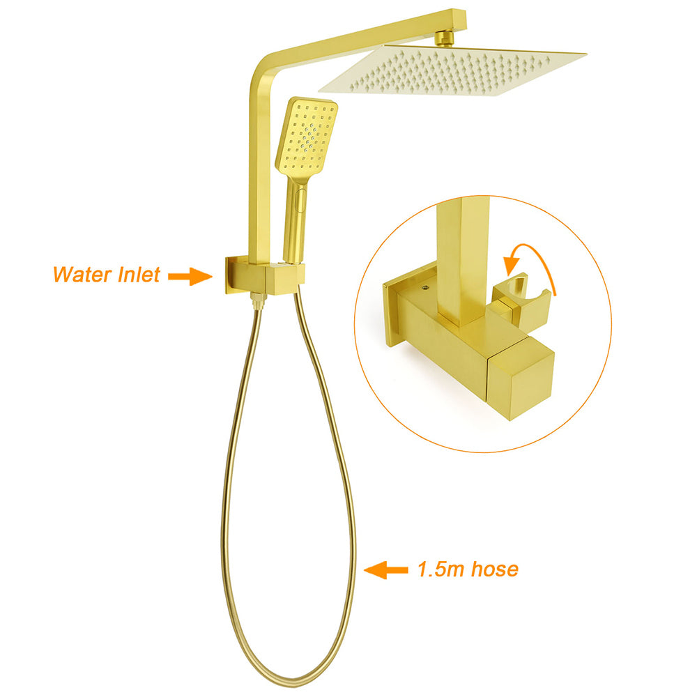 KYLINS Brushed Gold Twin Rain Shower Set 10 inch Handheld Diverter Wall Arm