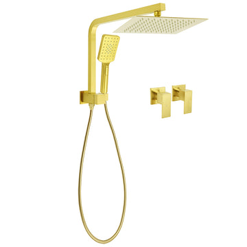 KYLINS Brushed Gold Twin Rain Shower Head 10-Inch with Handheld Diverter Wall Arm Taps