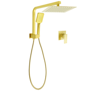 KYLINS Brushed Gold Twin Rain Shower Head 10-Inch with Handheld Diverter Wall Arm Set