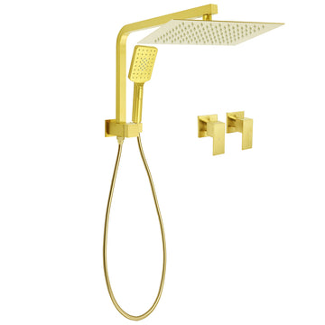 KYLINS Brushed Gold Twin Shower 300mm Square with Handheld and Square Taps