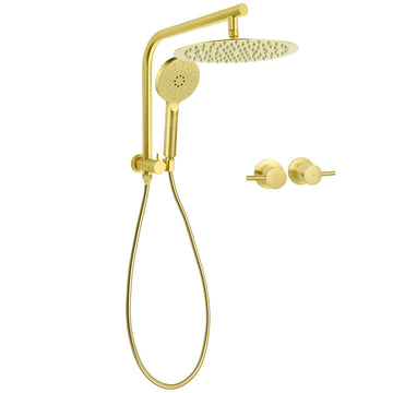 KYLINS Brushed Gold 12in Rain Shower Head 3 Mode Handheld Gooseneck Arm Twin Taps Set