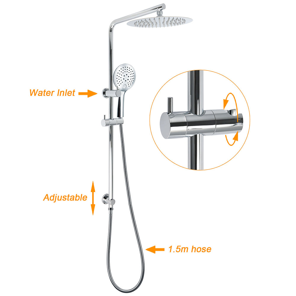 KYLINS Chrome Rain Shower Head 250mm Handheld Sliding Rail Diverter 2-in-1