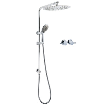 KYLINS Chrome Dual Shower Head 12 inch 5 Mode Handheld Sliding Rail Inbuilt Diverter Twin Taps