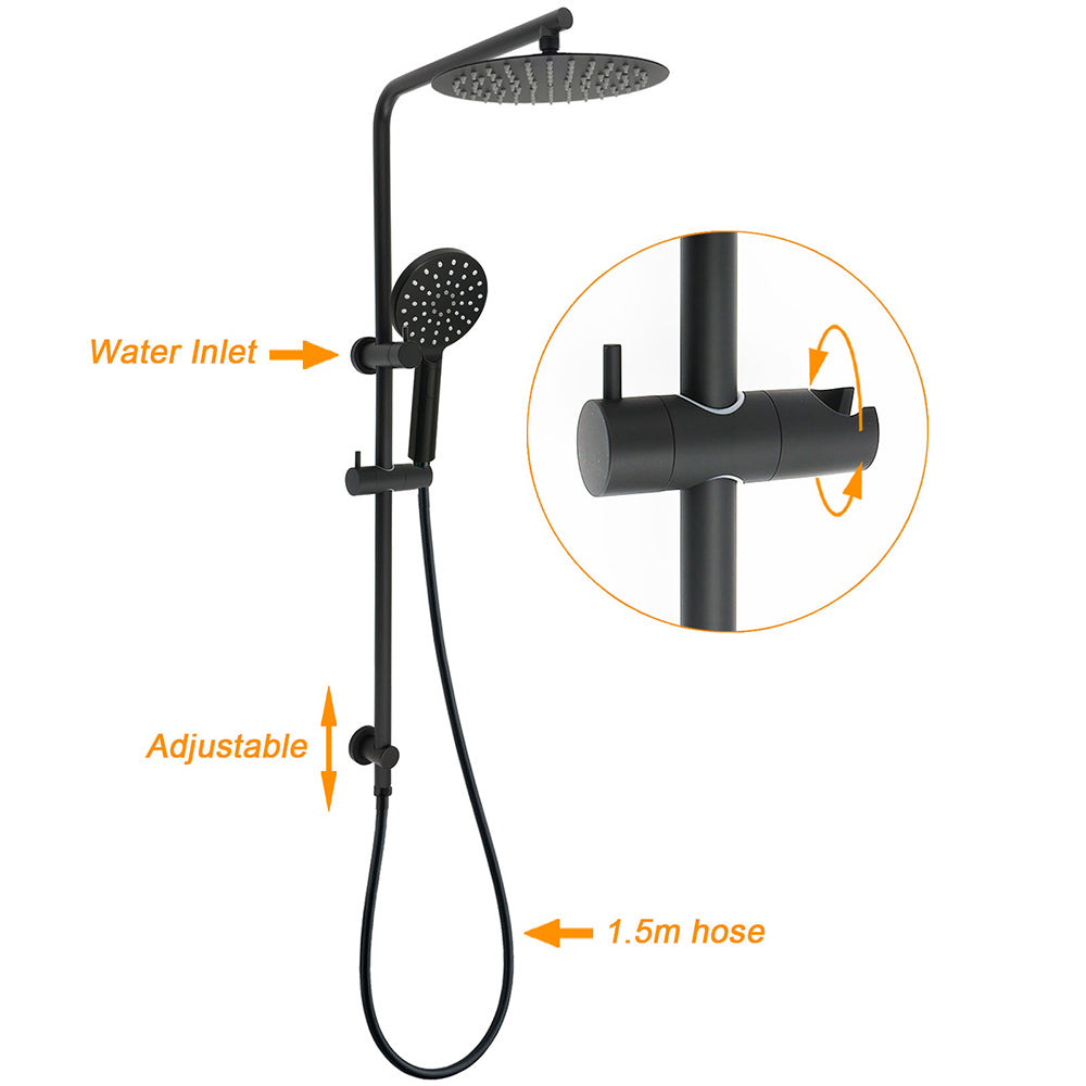 KYLINS Matt Black 10-Inch Rain Shower Head with Handheld Sliding Wall Arm Rail Set