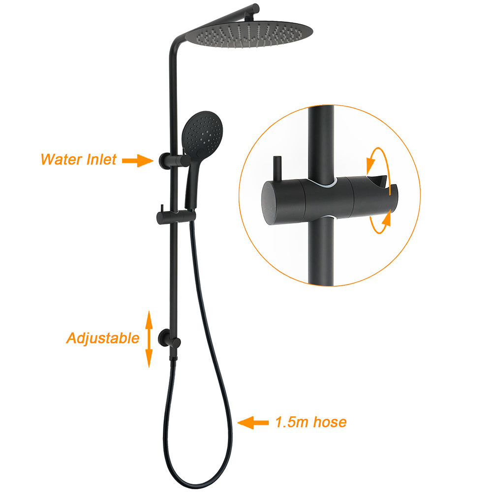 Kylins Matt Black Rain Shower Head 12in with Handheld Sliding Rail and Mixer Set