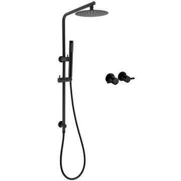 KYLINS Matt Black 2-in-1 Round Rain Shower Head 200mm Brass Handheld Wall Arm Taps Set