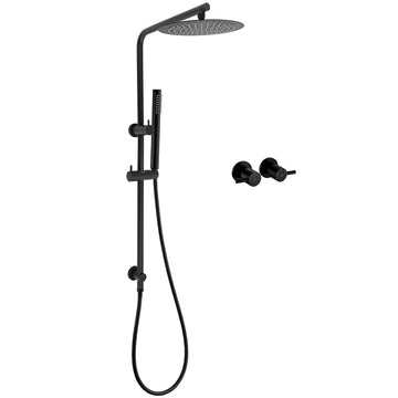 KYLINS Matt Black 2-in-1 Round Rain Shower Head 250mm Brass Handheld Slide Rail Riser Arm Taps Set