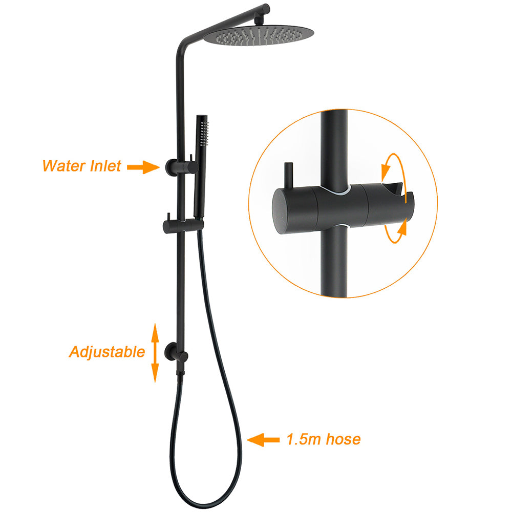 KYLINS Matt Black Rain Shower Head 10 inch Brass Handheld with Rail Riser Arm Mixer