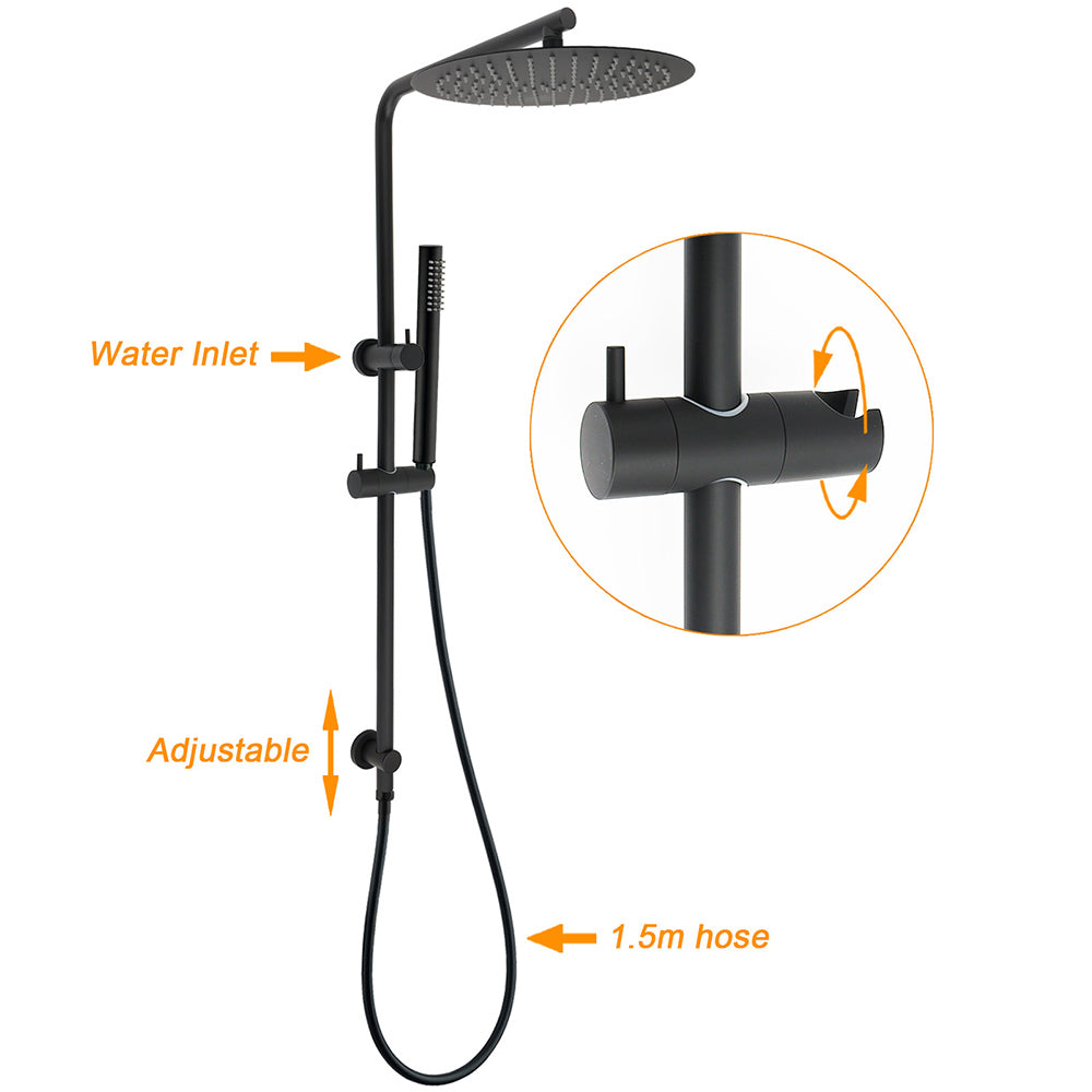 KYLINS Matt Black Rain Shower Head 12 inch Brass Handheld with Riser Rail Diverter Taps