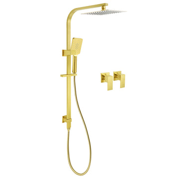 Brushed Gold 8 inch Square Rain Shower Head Set with 3 Mode Handheld Sliding Rail and Twin Taps