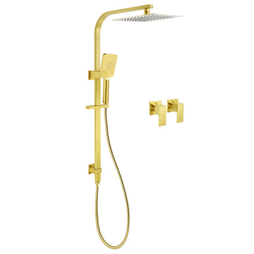 KYLINS Brushed Gold Square Rain Shower Head 10 inch 3 Mode Handheld Sliding Rail Twin Taps