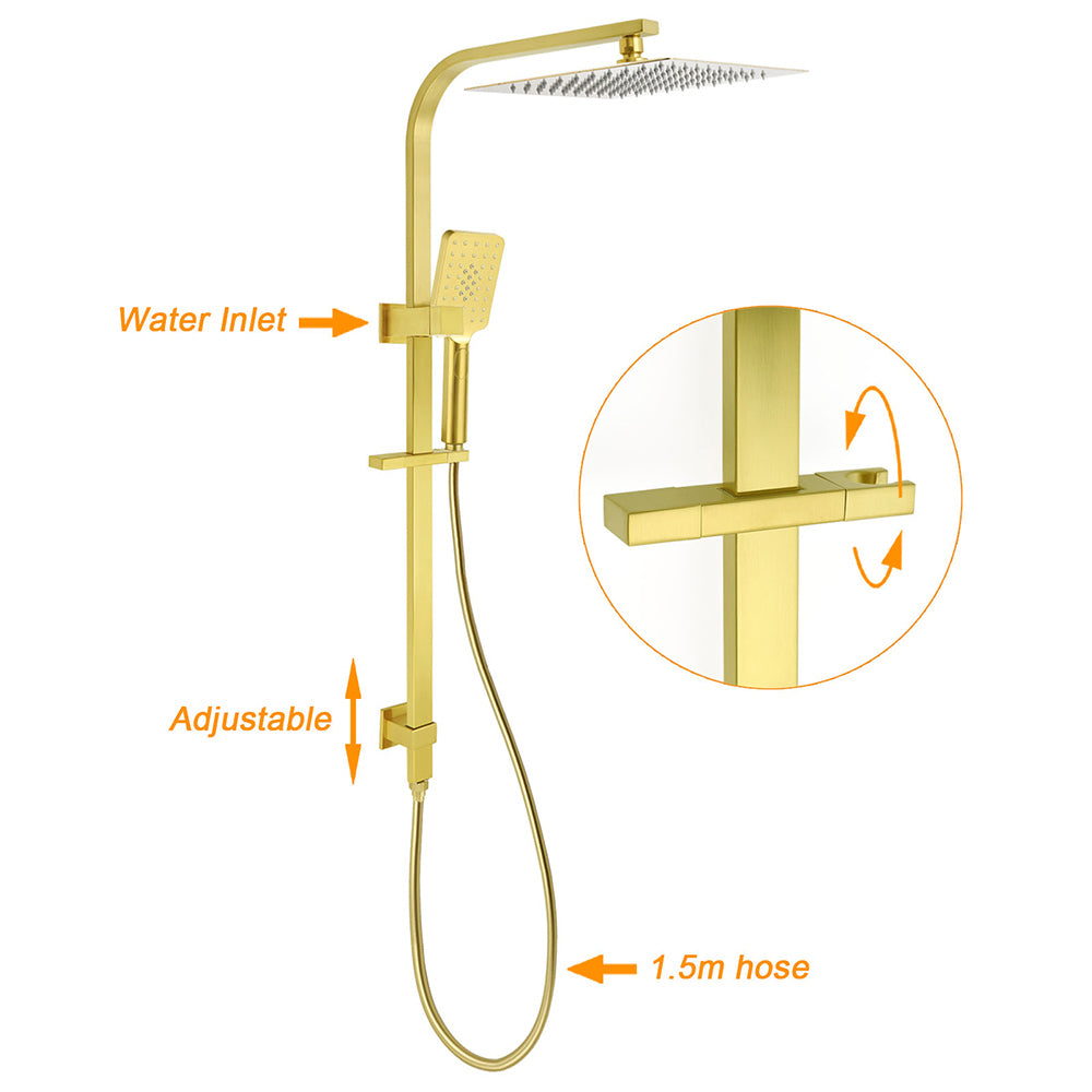 KYLINS Brushed Gold Square Dual Shower Head 12 inch 3 Mode Handheld Sliding Rail Mixer