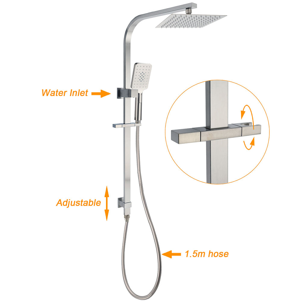 KYLINS Brushed Nickel Square Twin Shower 200mm with 3-Mode Handheld and Sliding Rail