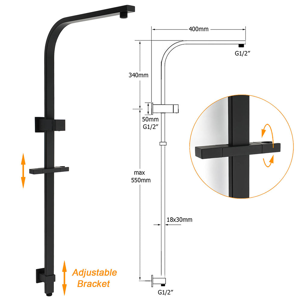 KYLINS Matt Black Square Twin Shower 8 inch 3 Modes Handheld Rail and Taps