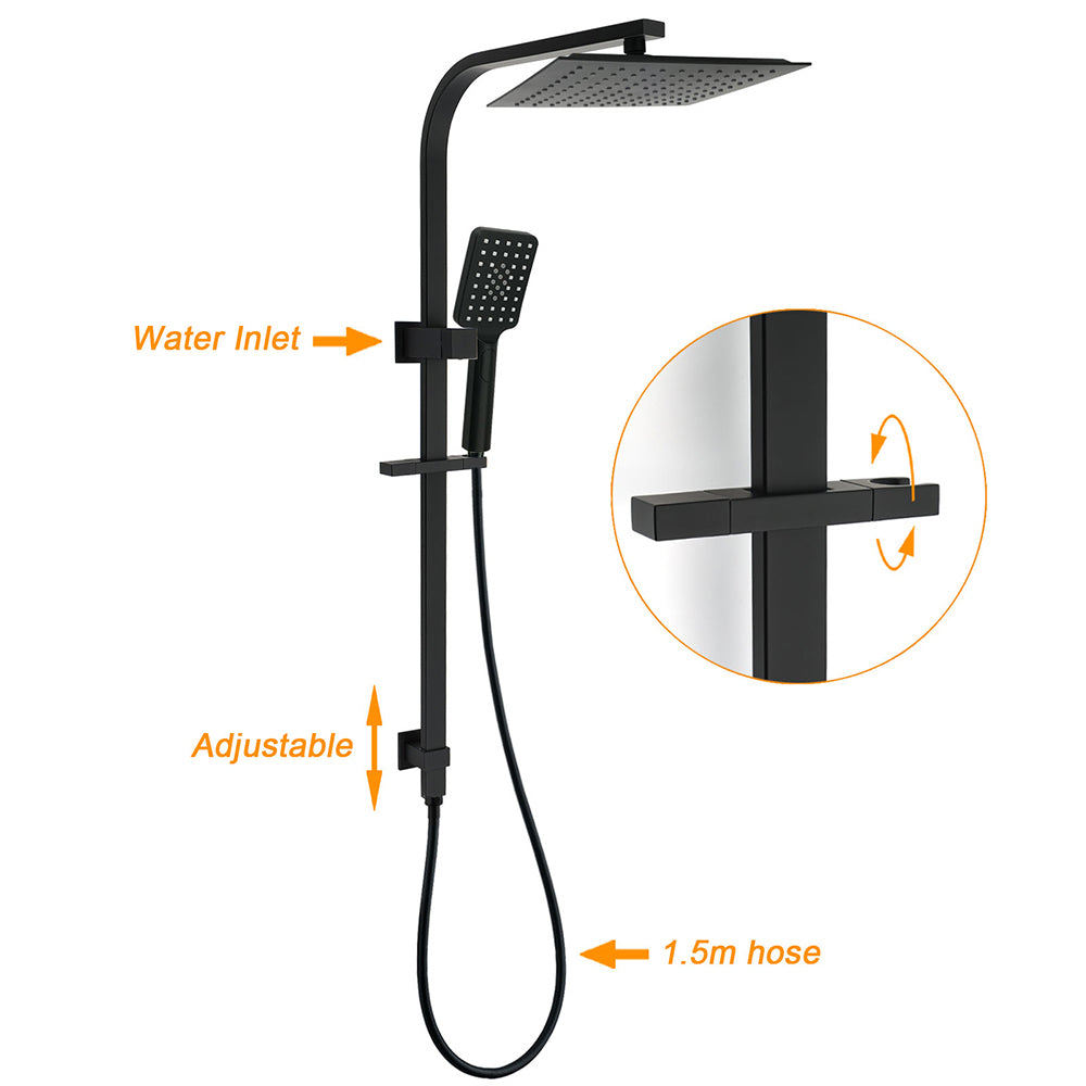 KYLINS Matt Black Square 2-in-1 Rain Shower Head 250mm 3-Mode Handheld Sliding Rail