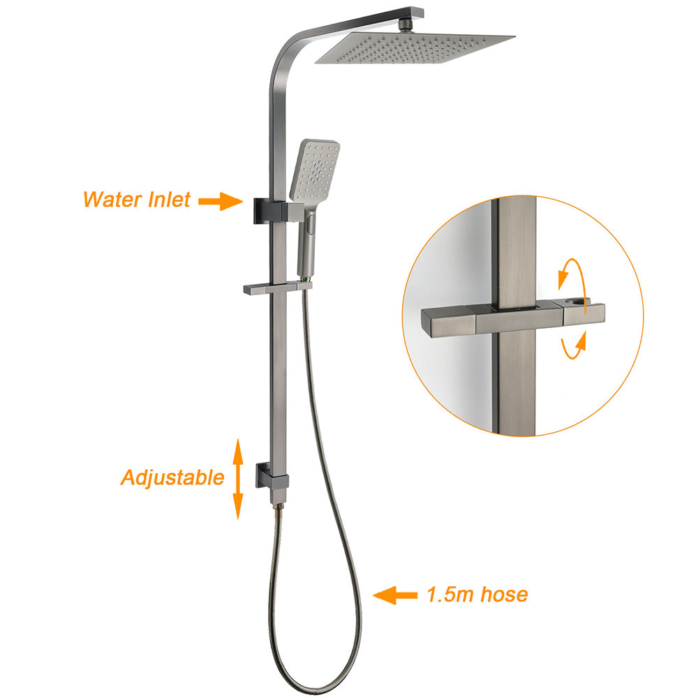 KYLINS Gunmetal Square Rain Shower Set 10 inch Handheld Sliding Rail Diverter