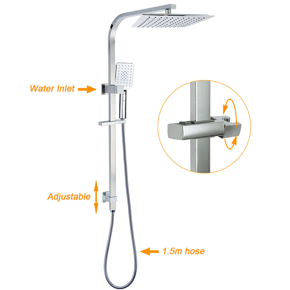 KYLINS 2-in-1 Square Rain Shower Head 250mm with Handheld Sliding Rail and Mixer