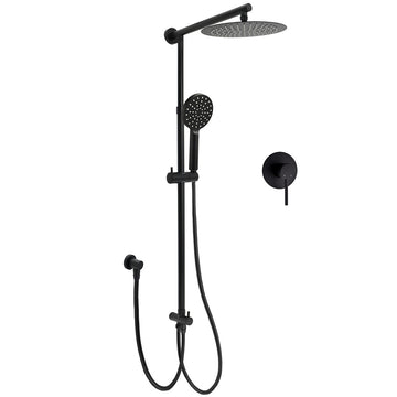KYLINS 10in Rain Shower Head Matt Black Round 2in1 Handheld Wall Rail Mixer Set