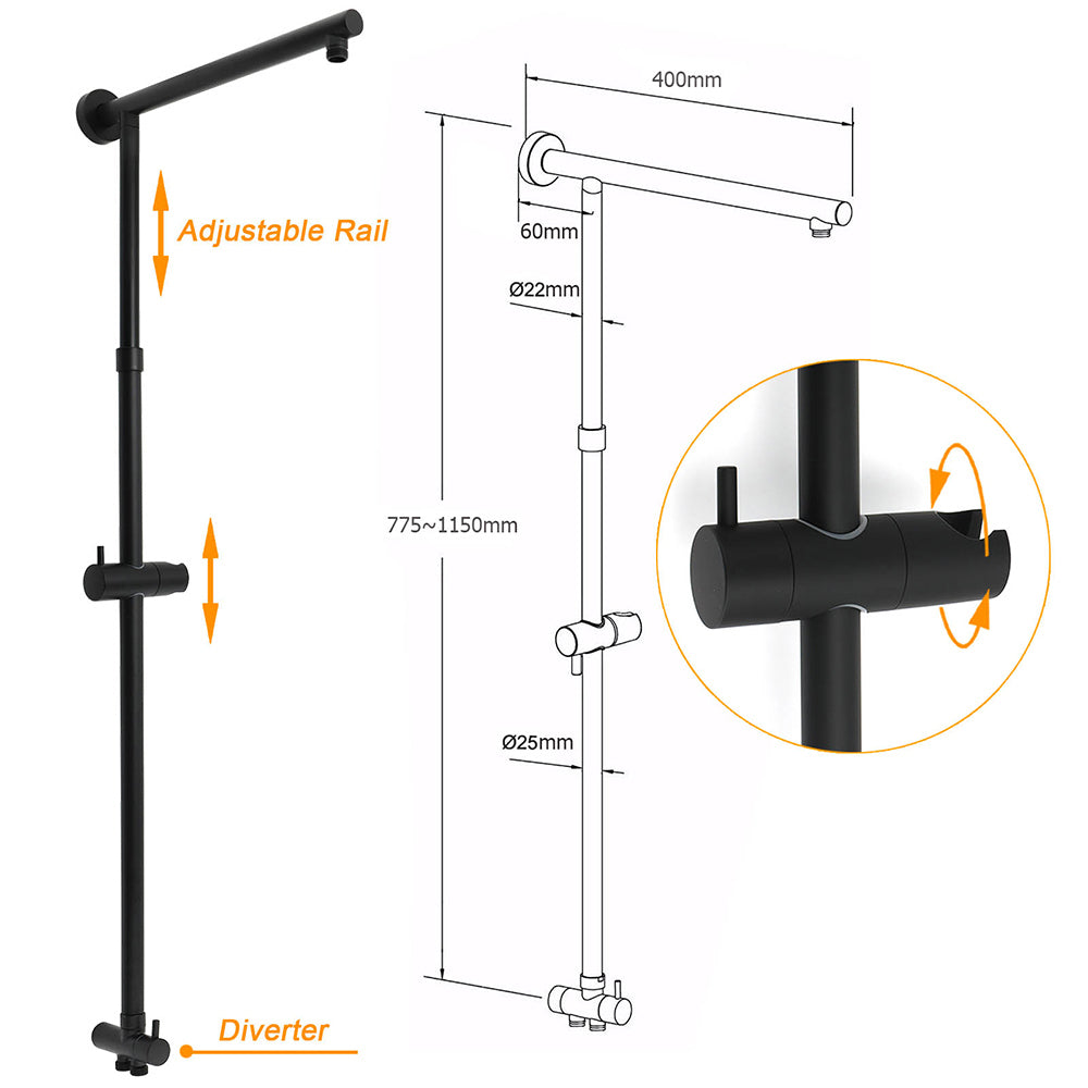 KYLINS 10in Rain Shower Head Matt Black Round 2in1 Handheld Wall Rail Mixer Set