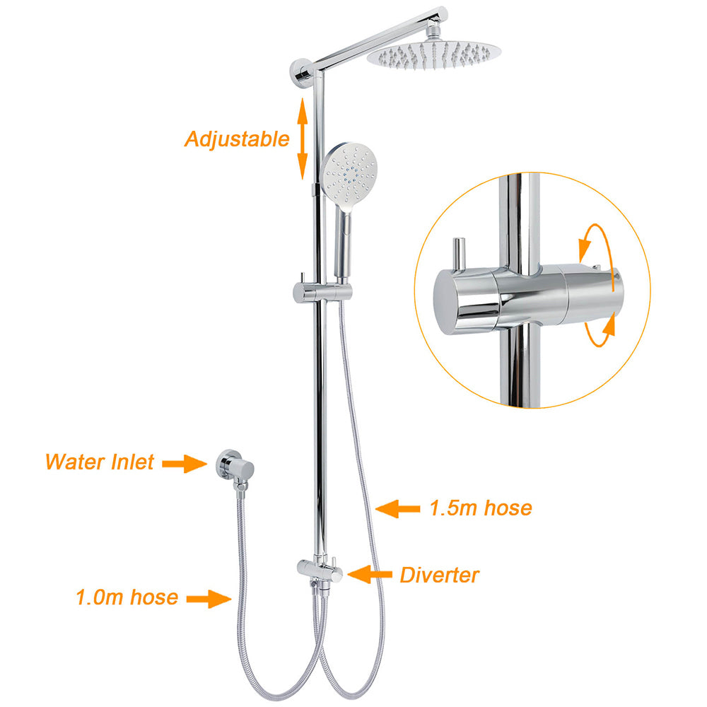 Kylins 2in1 Chrome Rain Shower Head Set with Handheld and Sliding Rail 8in