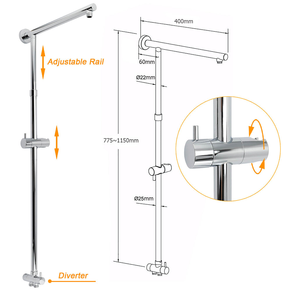 Chrome 10" Round Rain Handheld Dual Shower Head Sliding Rail with Mixer