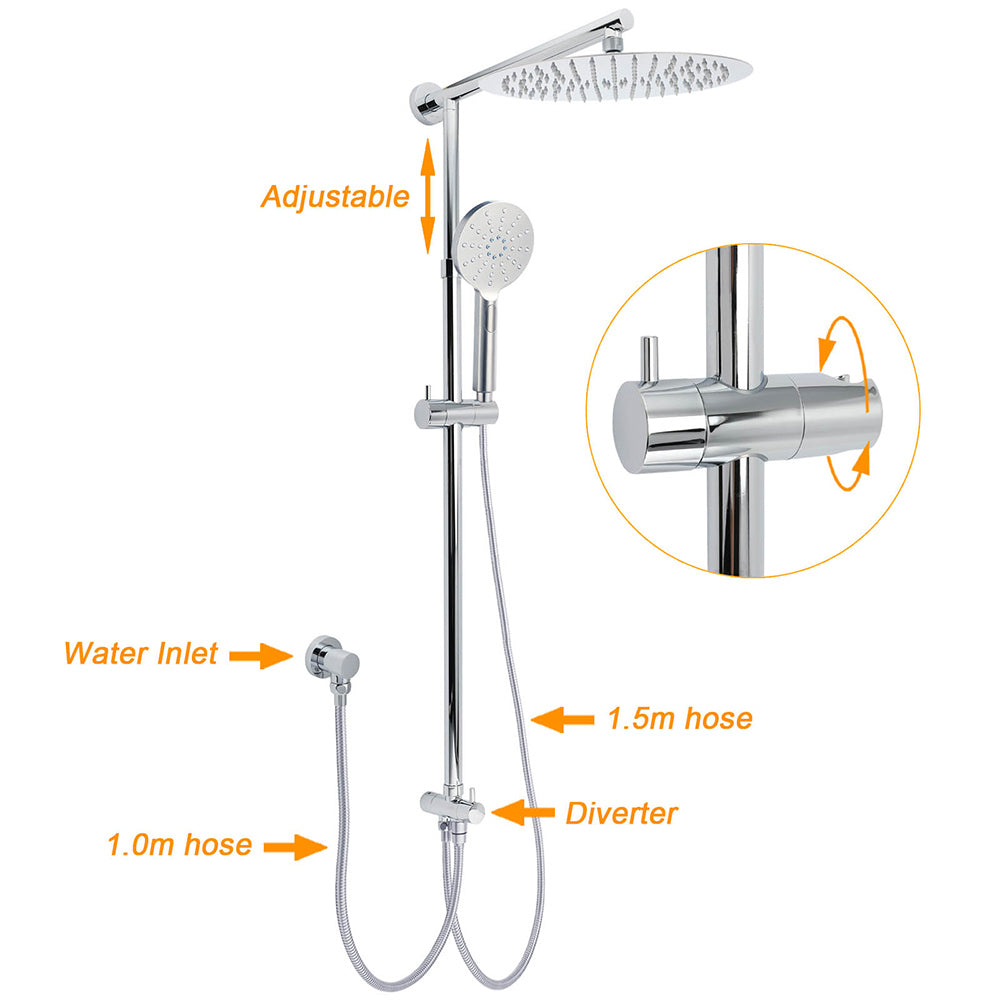 KYLINS Chrome Rain Shower Head 3 Mode Handheld Wall Rail 12 inch