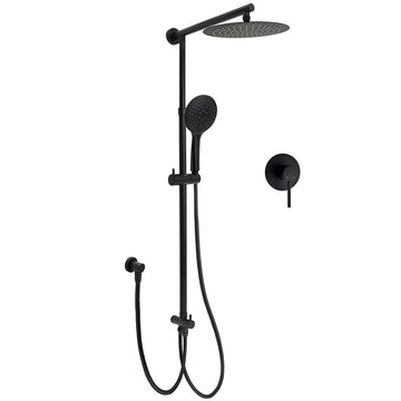 Dual Black Round Shower Set Rain Head 3 Mode Handheld Sliding Rail Diverter Mixer Set