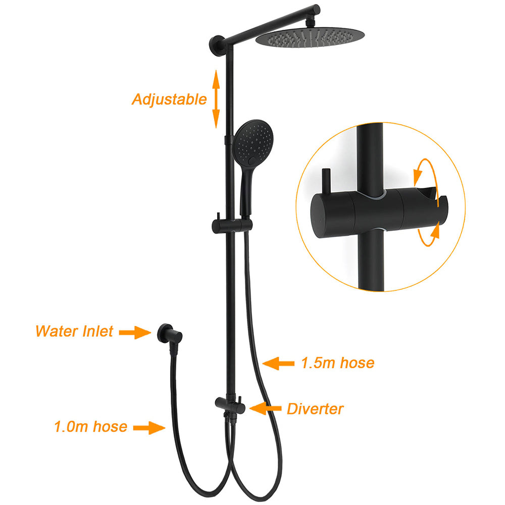 Dual Black Round Shower Set Rain Head 3 Mode Handheld Sliding Rail Diverter Mixer Set
