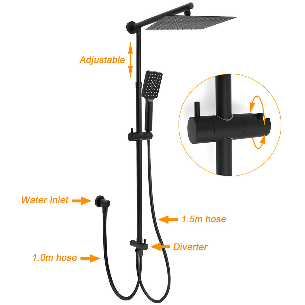 KYLINS Matt Black 2in1 Square Shower Head 10" Rain Handheld Adjustable Rail
