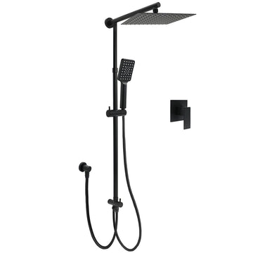 Matt Black 2in1 Square Shower Head 10" Rain Handheld Adjustable Rail with Mixer