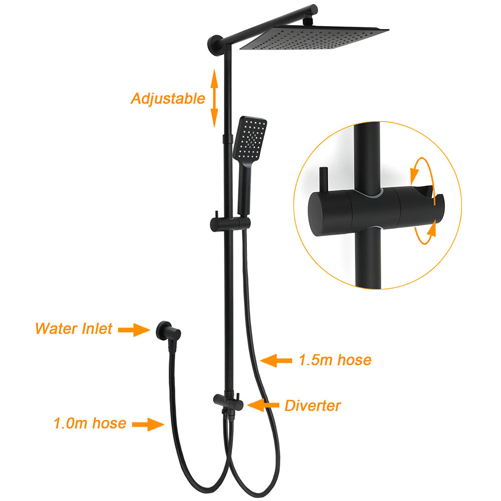 KYLINS Matt Black Square 10 inch Rain Shower Head 3 Mode 2-in-1 Set