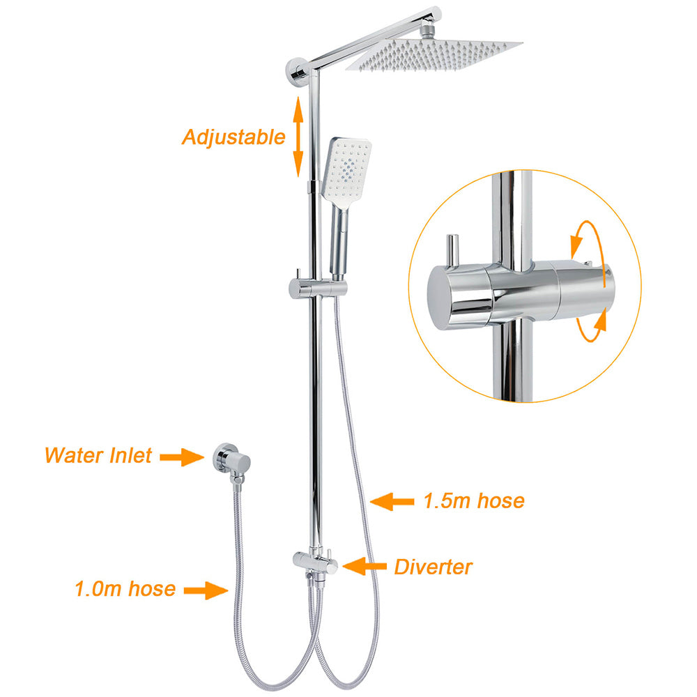 KYLINS Chrome Square Rain Shower Head 3 Mode Handheld Sliding Rail Diverter