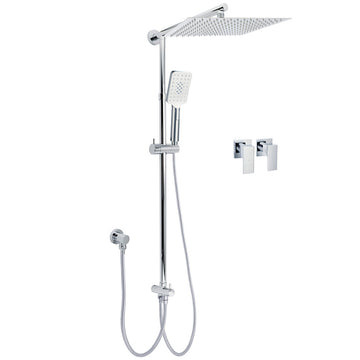 Double Square Rain Shower Head 12in with 3 Mode Handheld and Diverter Rail Taps