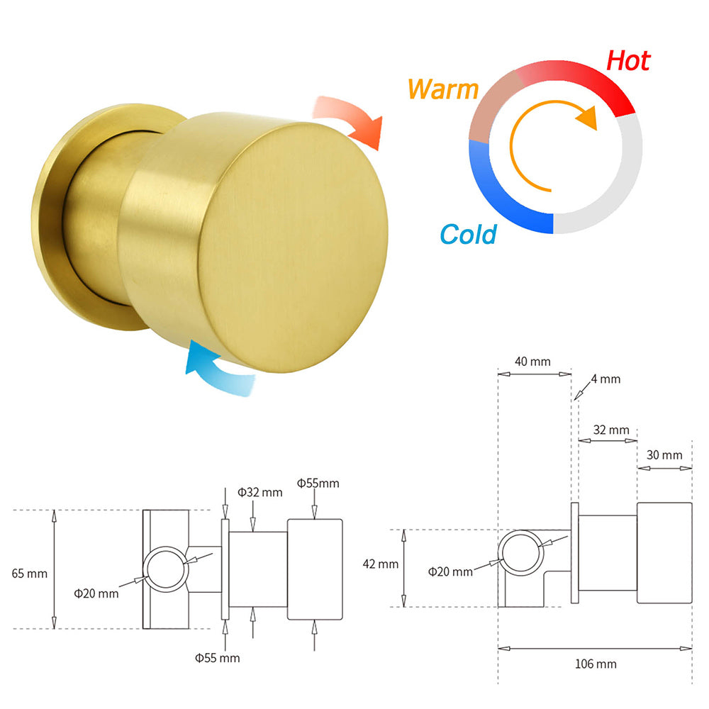 Vortaz Brushed Gold Round Knob Shower Mixer Tap Stainless Steel