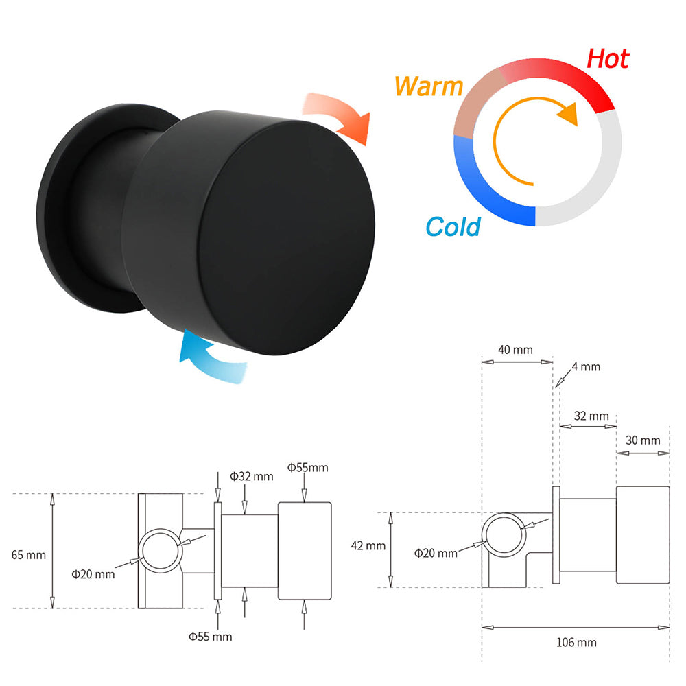 Vortaz Matt Black Round Knob Shower Mixer Tap Concealed